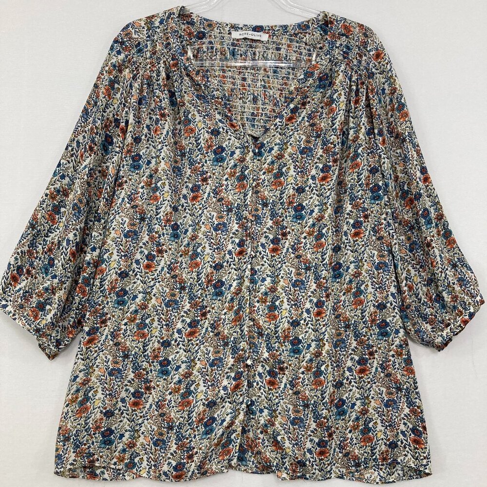 Rose & Olive size‎ 1X Multi Color Floral Smocked Detail 3/4 Sleeve Feminine Top